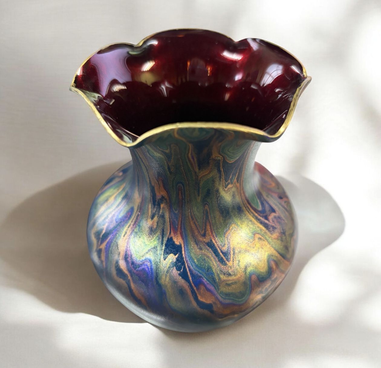 Stevenson 5.5 Inch Fluted top Navy and Purple vase with red interior