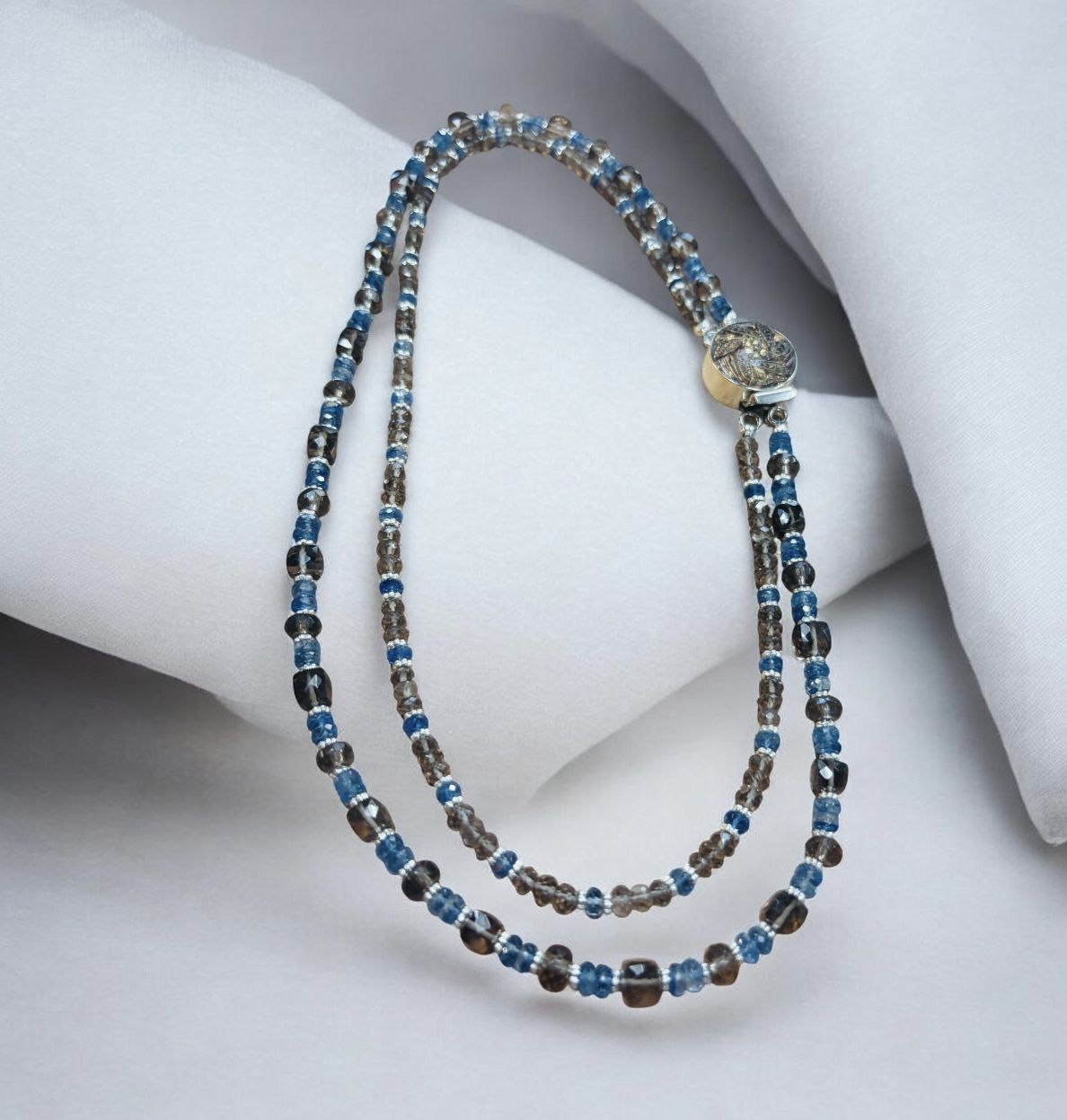 Whitney Necklace Smoky Quartz and Kyanite with Carved Smoky Quartz Round Box Clasp