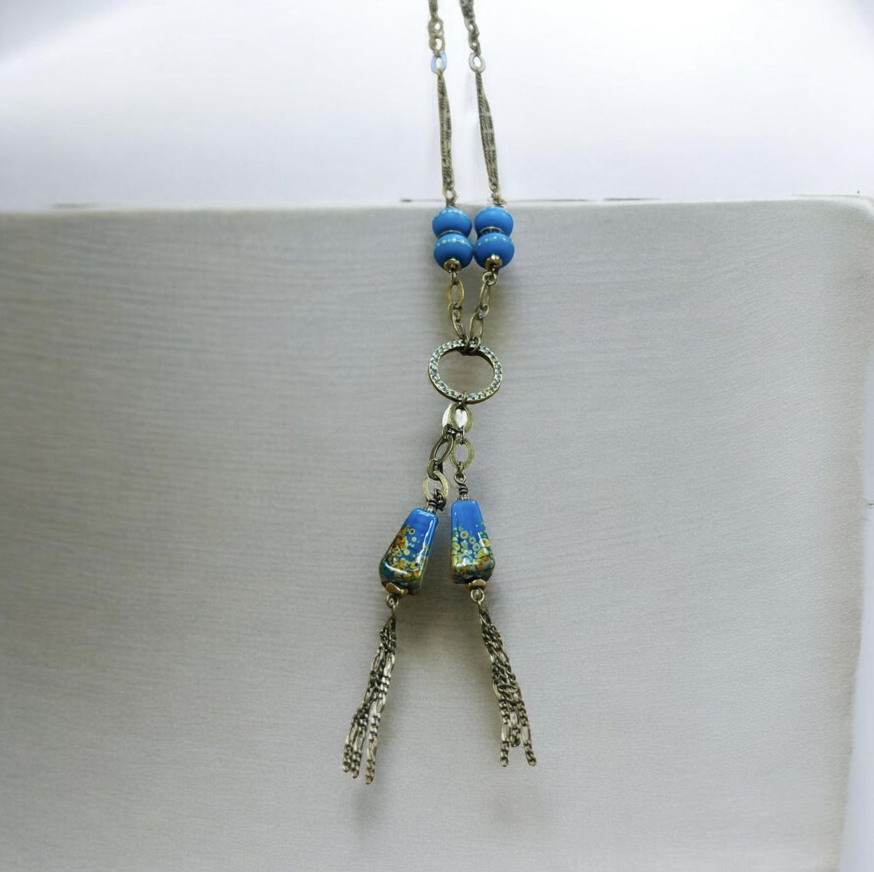 Whitney Necklace Brass and Blue Lampwork Glass