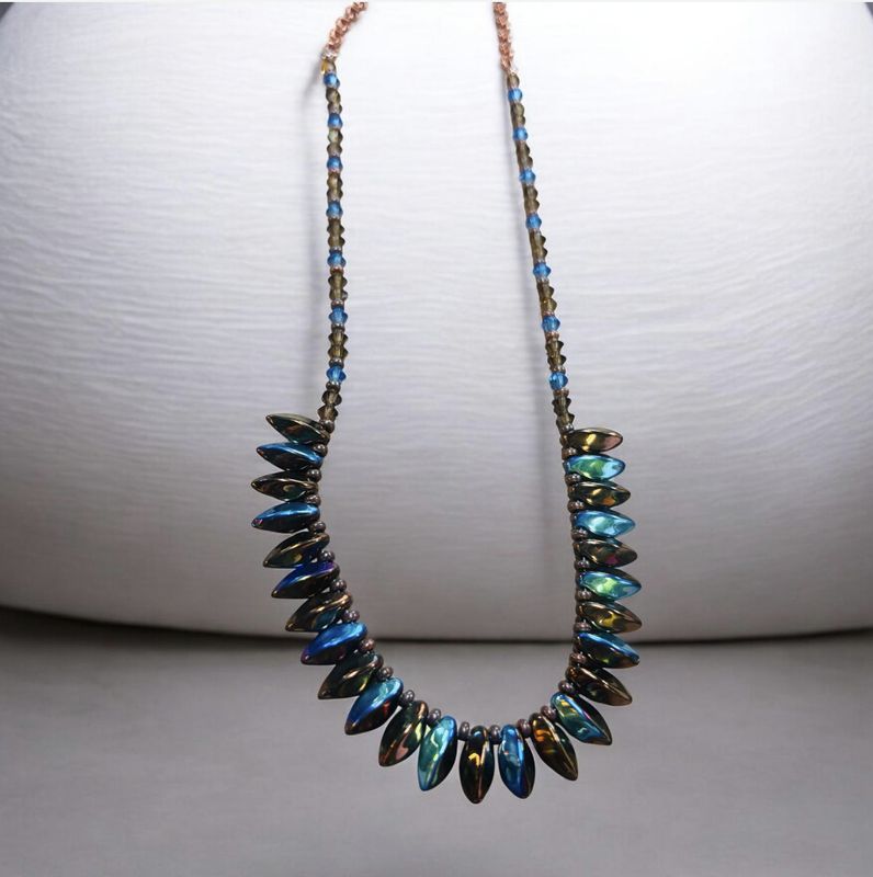 Whitney Necklace Brown and Blue Czech Glass and Swarovski Crystals