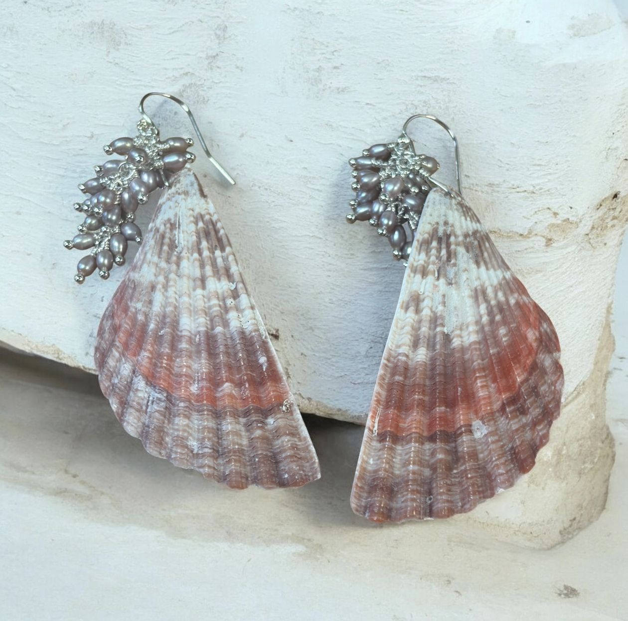Estancia Earrings Seashells with Cascading Cluster of Pink Pearls
