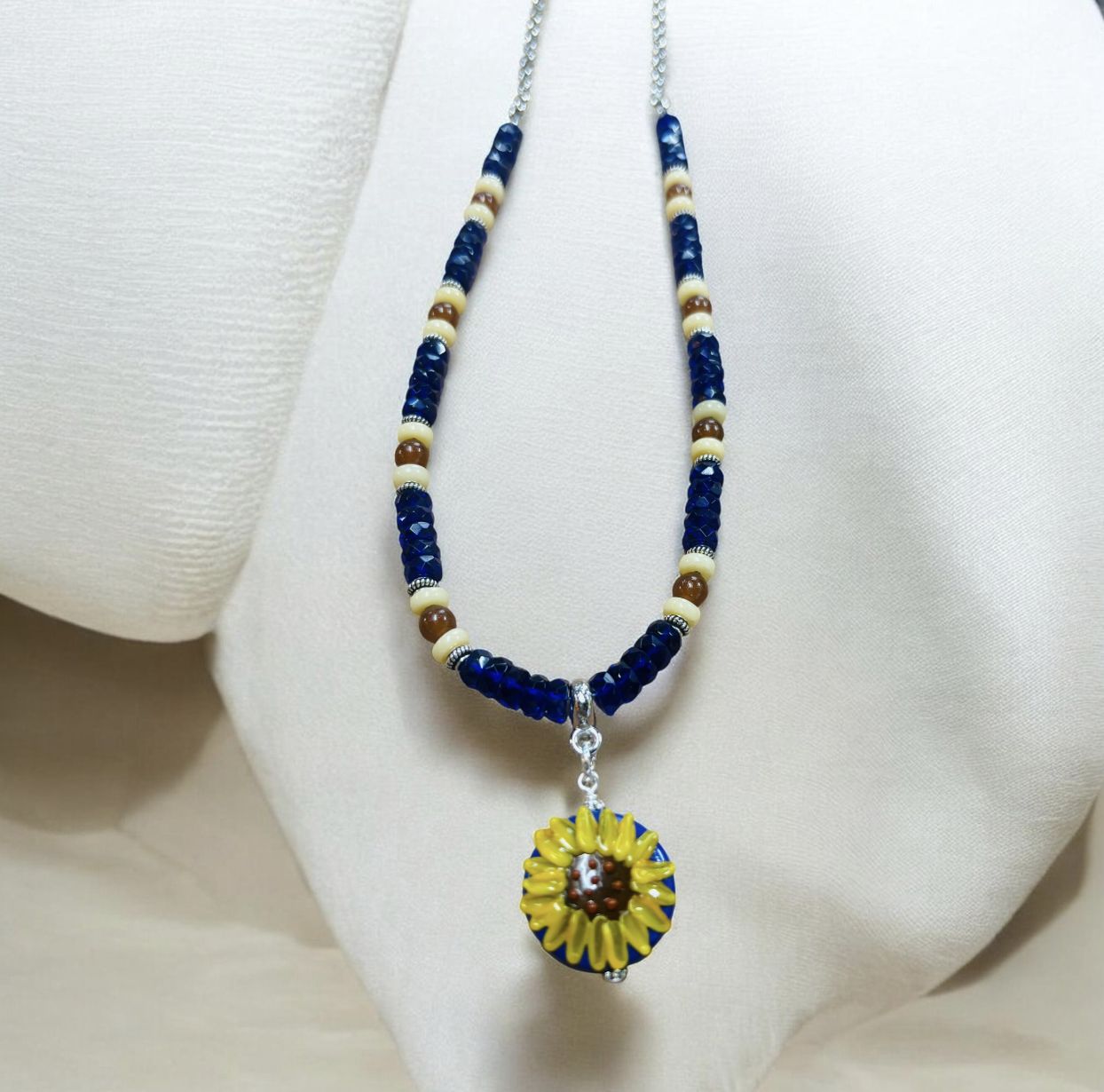 Whitney Necklace Royal Blue Vintage Glass, Yellow Jade, and Sunflower Lampwork