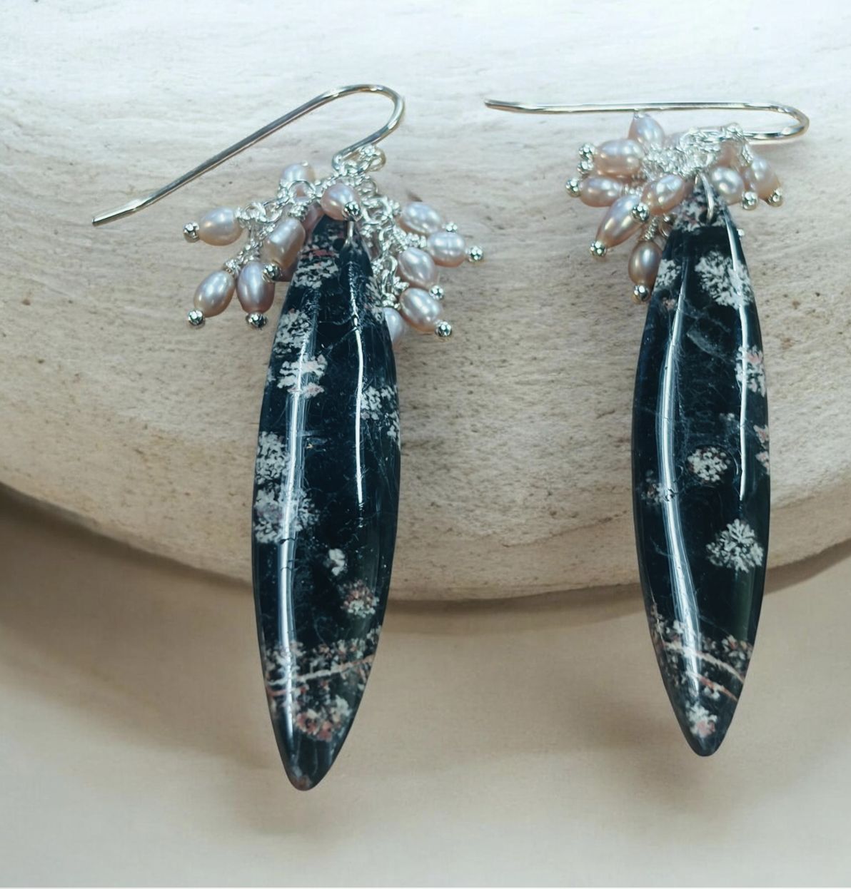 Estancia Earrings Snowflake Obsidian with Cascading Clusters of Pink Pearls