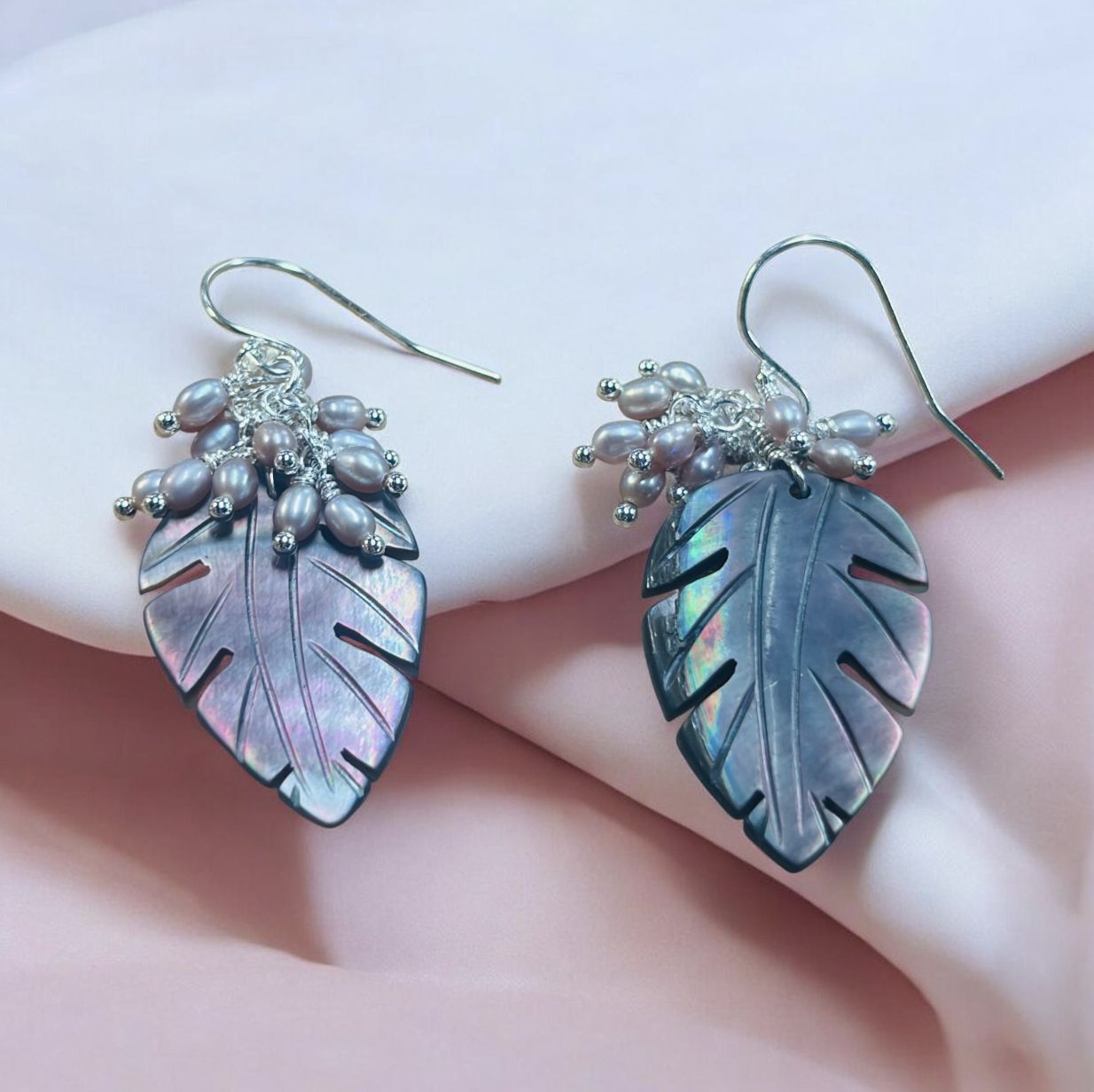 Estancia Earrings Mother of Pearl Leaves with Pink Pearl Cluster