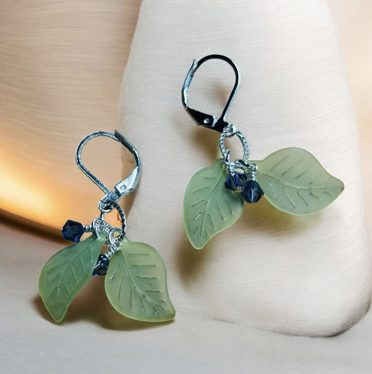 Whitney Earrings Green Acrylic Leaves with Blue Swarovski Crystals