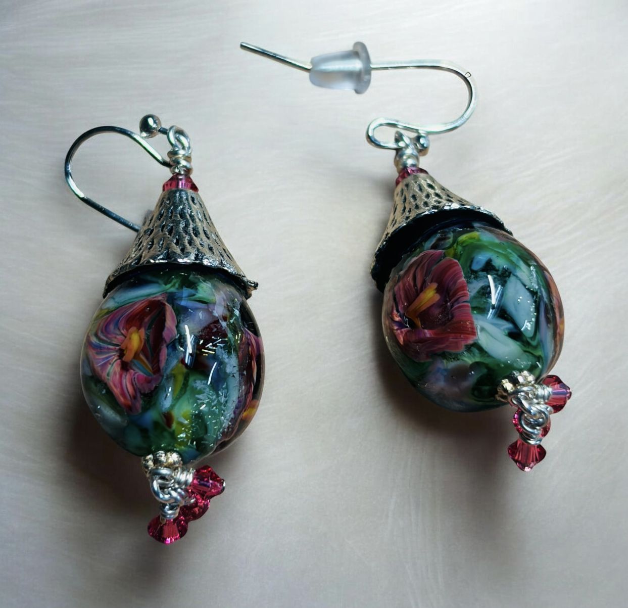 Whitney Earring Pink Floral Lampwork with Silver Cone Top