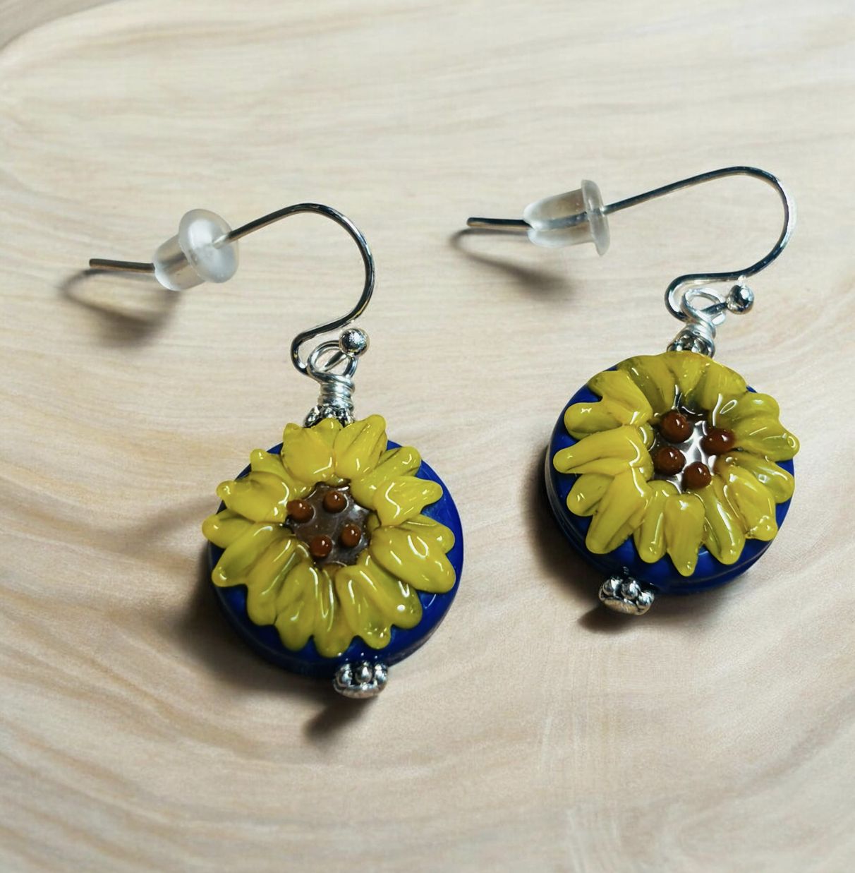 Whitney Earring Royal Blue Lampwork Glass with Sunflower
