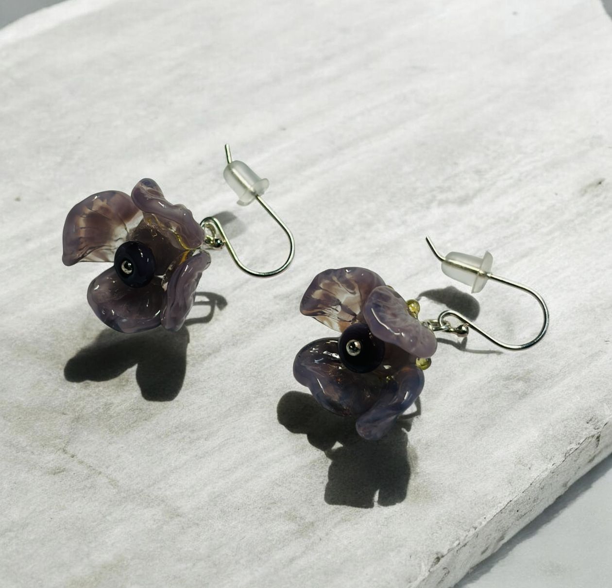 Whitney Earrings Lavender Lampwork Flowers with Czech Glass