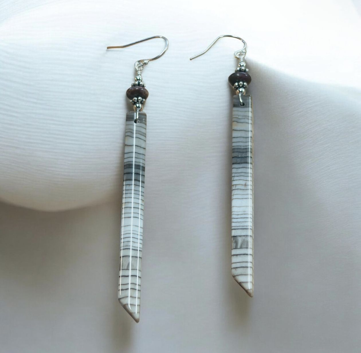 Estancia Earrings Thin Long Wood Fossil with Indian Agate Stone