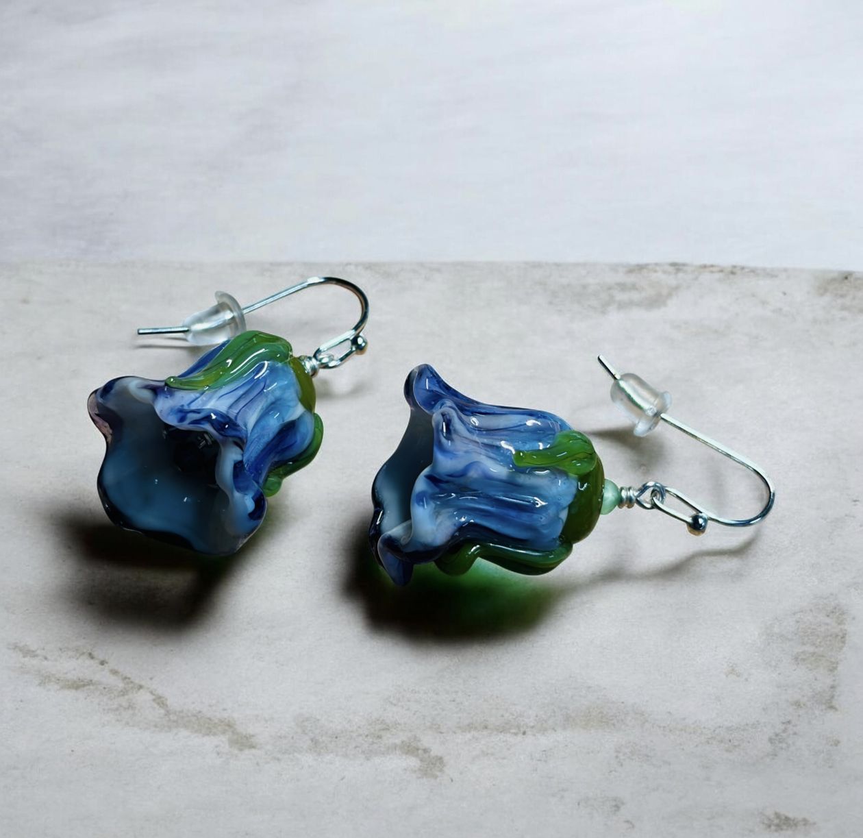 Whitney Earrings Blue/Purple Lampwork Flowers with Purple Swarovski Crystals