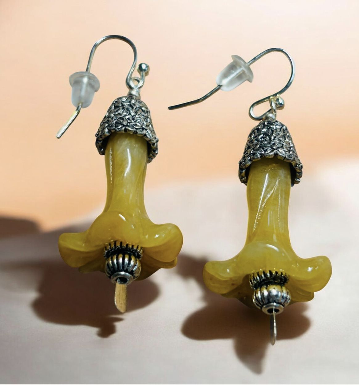 Whitney Earrings Yellow Agate Flowers with Silver Pewter