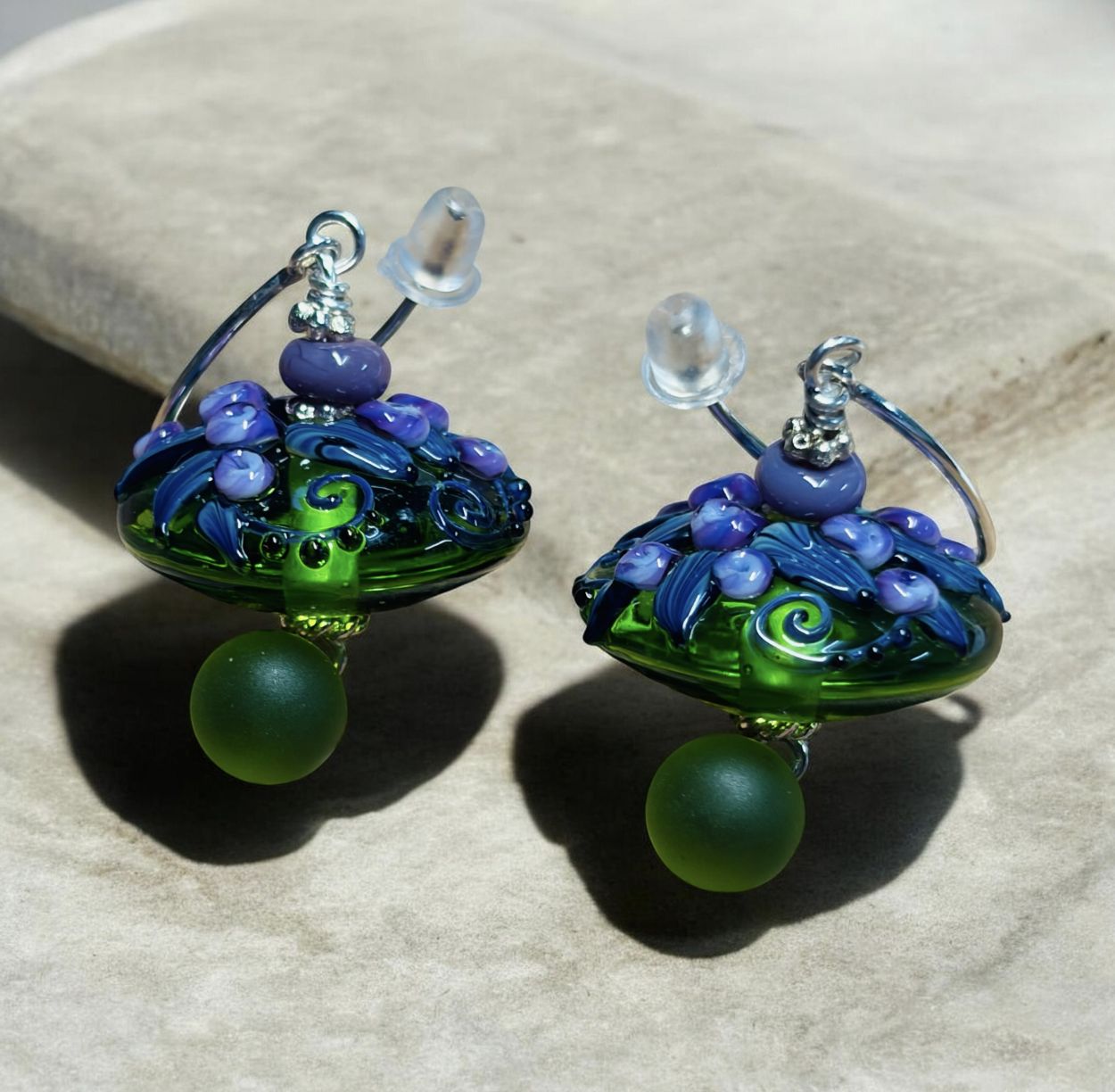 Whitney Earrings Purple Flower Field Disc with Green Lampwork