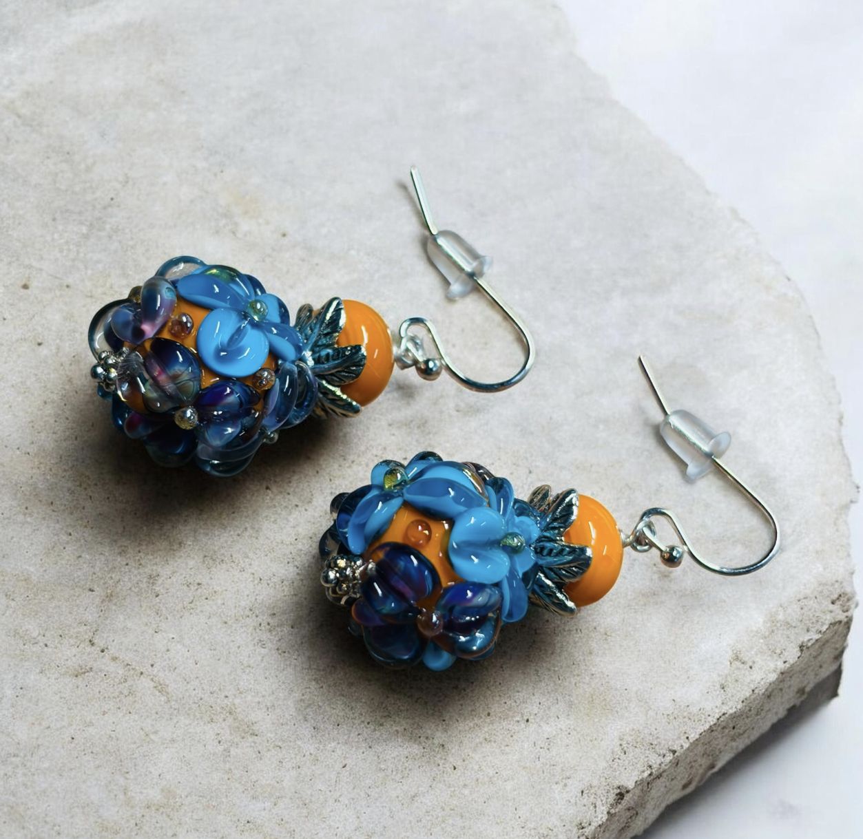 Whitney Earrings Orange Glass with Floral Lampwork