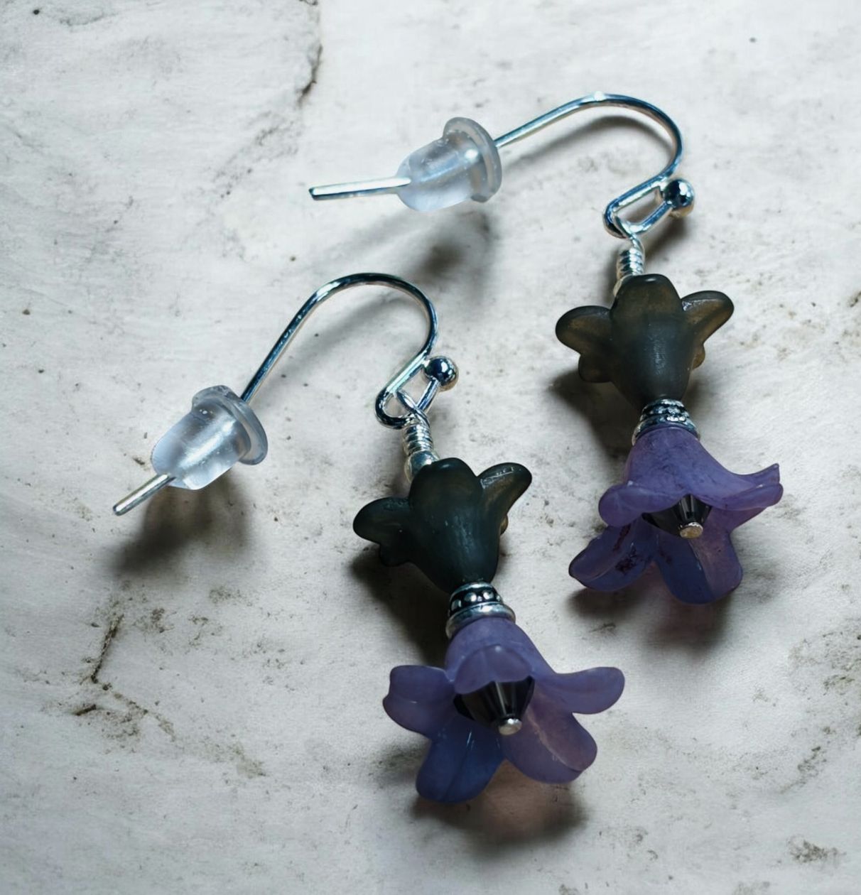 Whitney Earrings Grey and Purple Acrylic Flowers with Swarovski Crystals