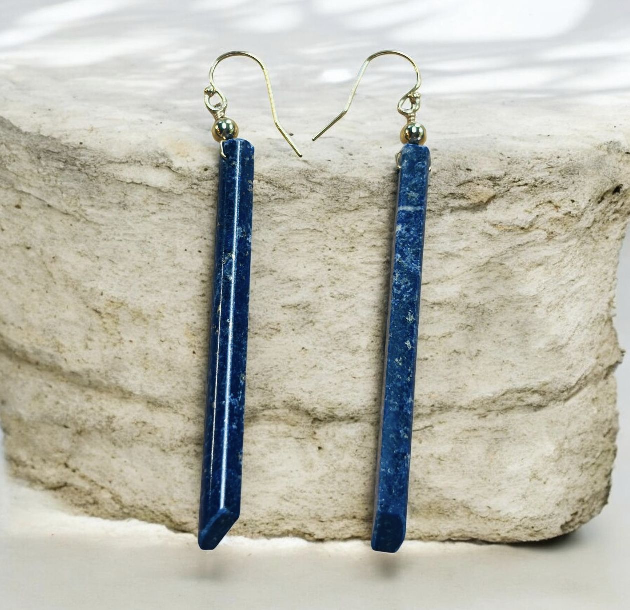 Estancia Earrings Long Lapis Thin Rods Gold Filled