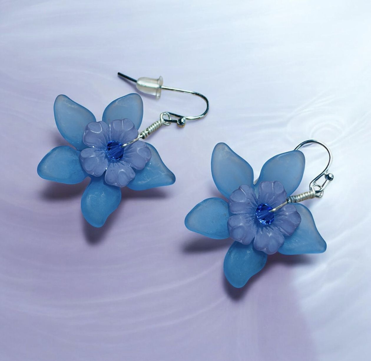 Whitney Earrings Cornflower Blue and Lavender Acrylic Flowers