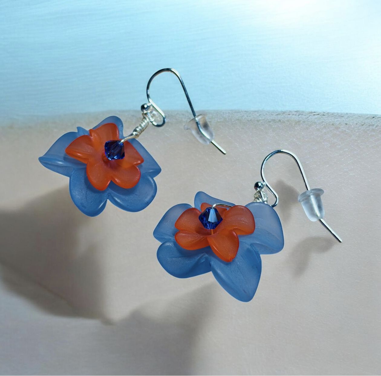 Whitney Earrings Cornflower Blue and Orange Acrylic Flowers