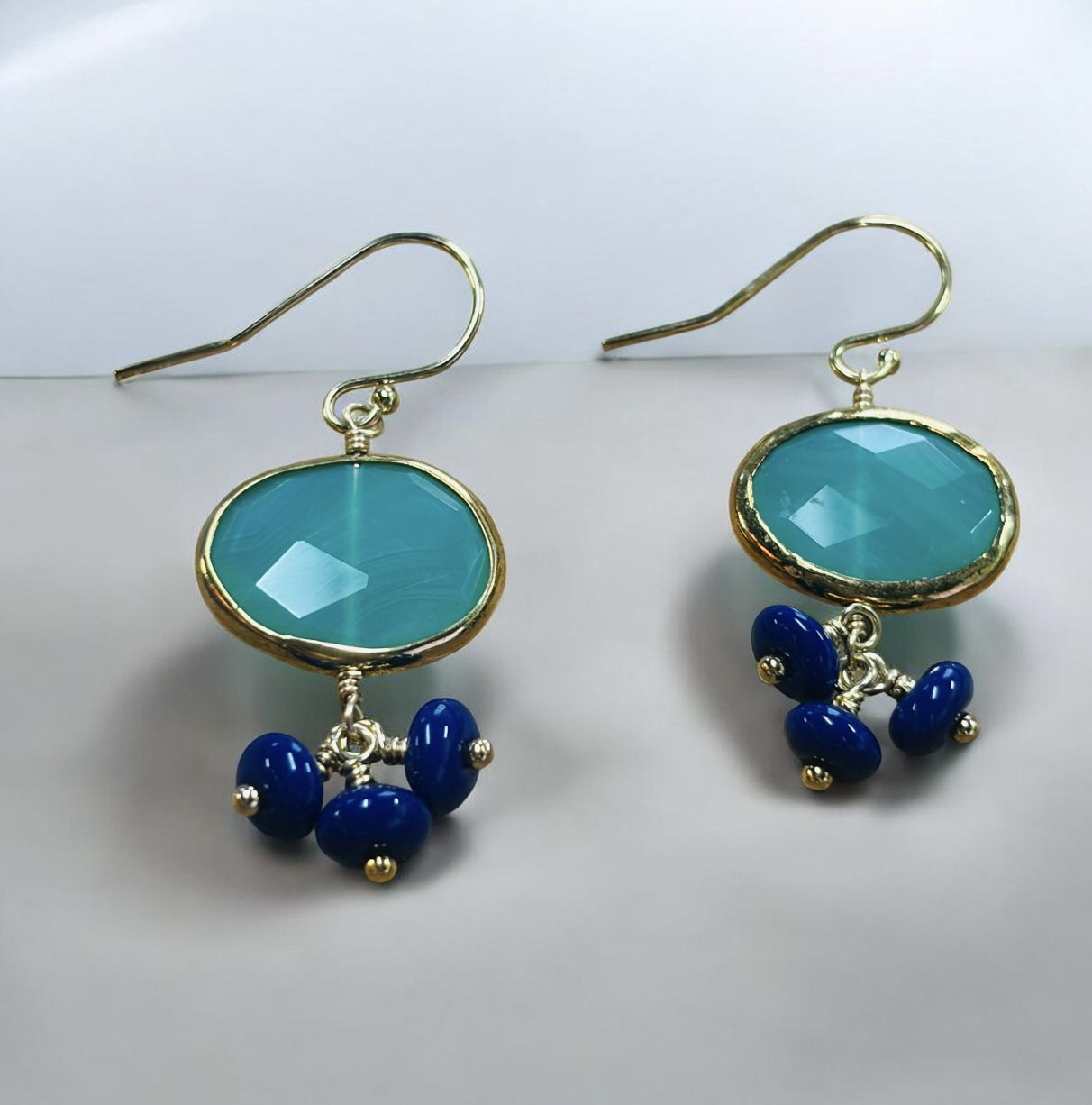 Estancia Earrings Chrysoprase in Gold Vermeil and Blue Glass Beads