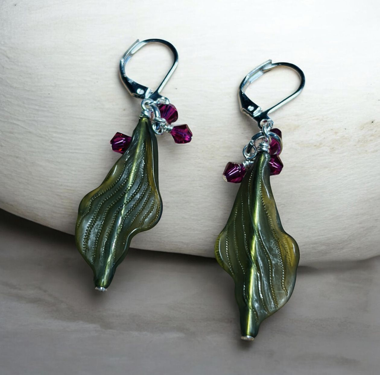 Whitney Earrings Green Acrylic Leaf with Pink Swarovski Crystals