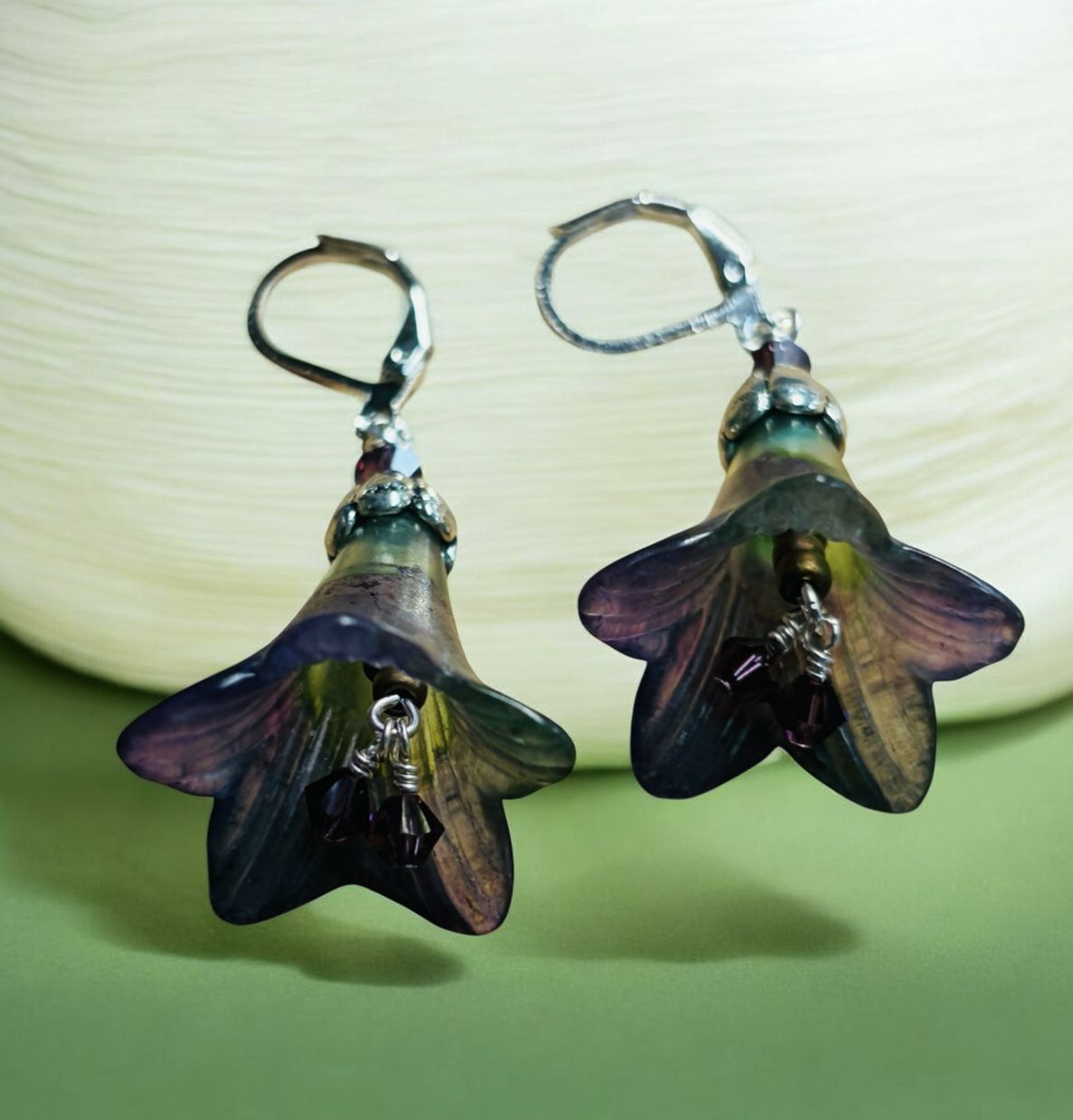 Whitney Earring Green and Purple Acrylic Flowers with Swarovski Crystals