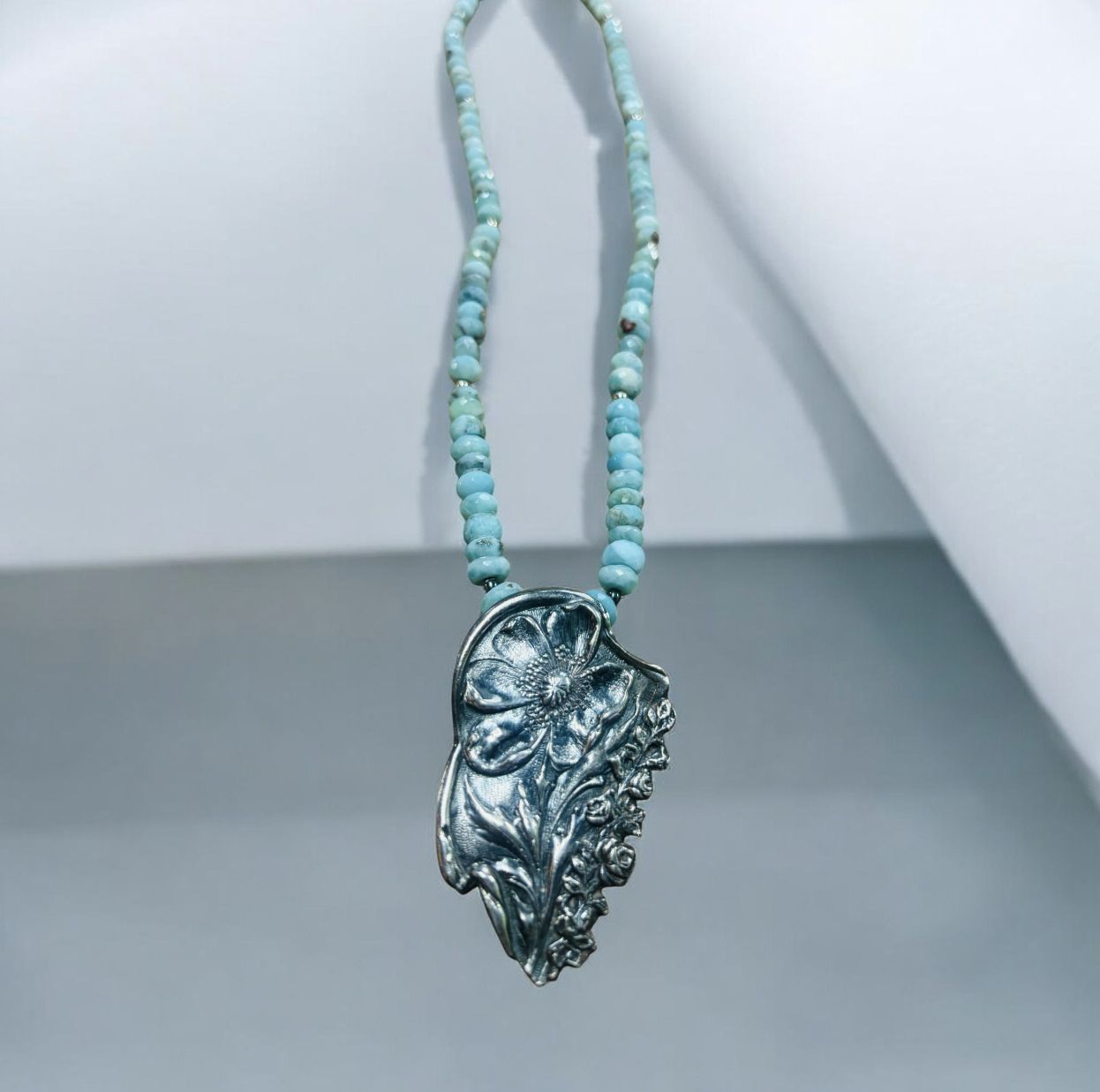 Estancia Necklace Precious Metal Clay Floral Pendant wiht Larimar Bead Chain