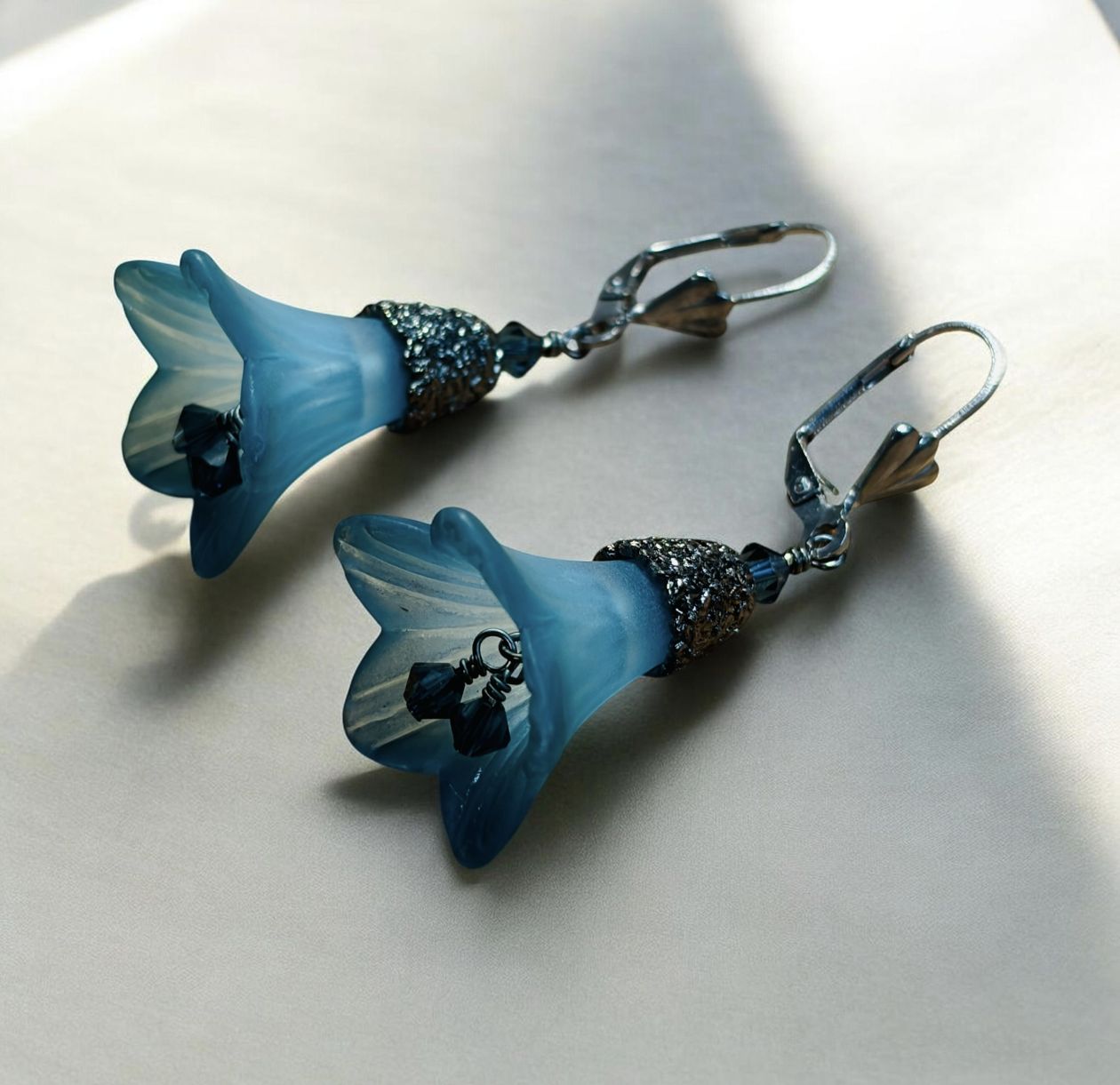 Whitney Earring Blue Acrylic Flower with Silver Pewter
