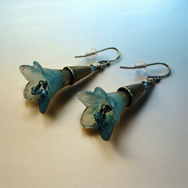 Whitney Earring Blue Marbled Acrylic Flower with Brass