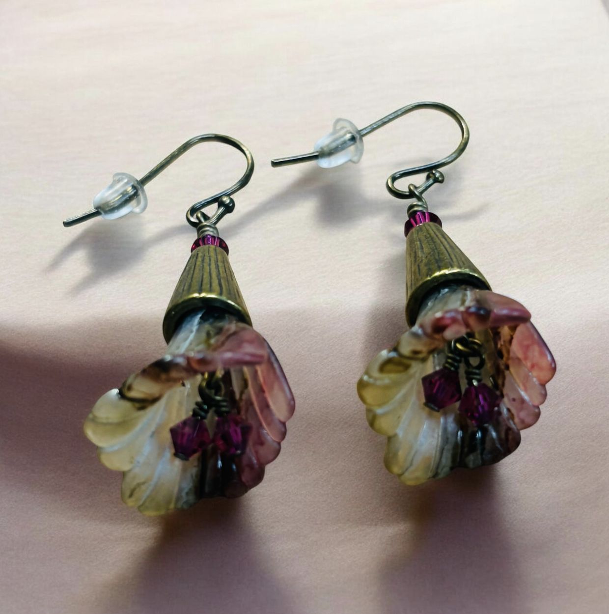 Whitney Earring Pink and White Marbled Acrylic "Calla Lilly" with Brass