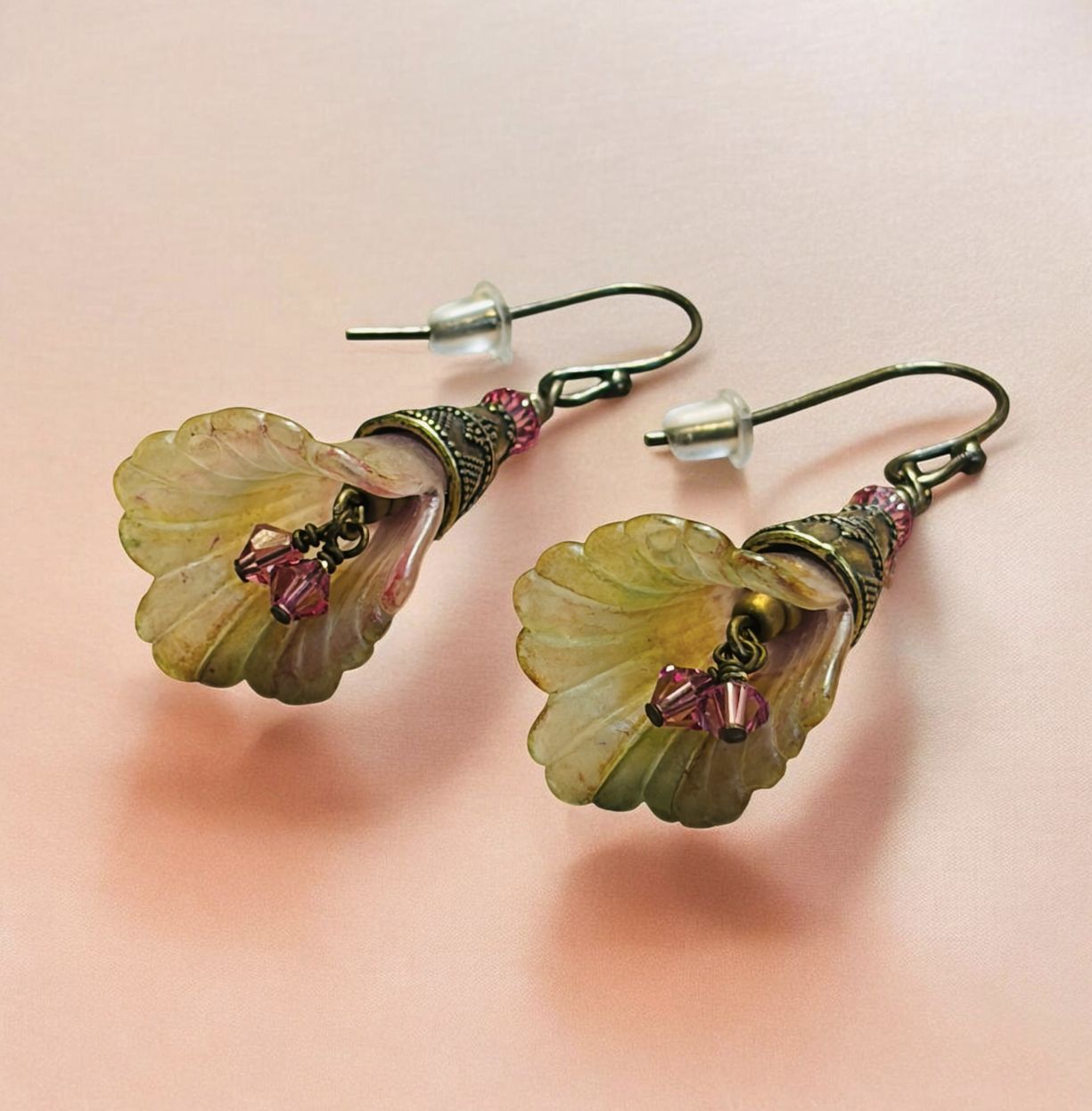 Whitney Earring Pink and Green Marbled Acrylic "Calla Lilly" with Brass