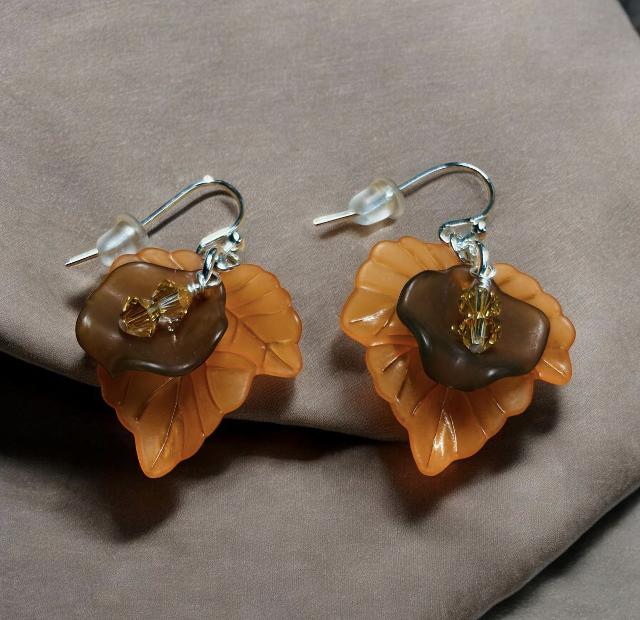 Whitney Earring Peach and Gray Acrylic Leaves with Orange Swarovski Crystals