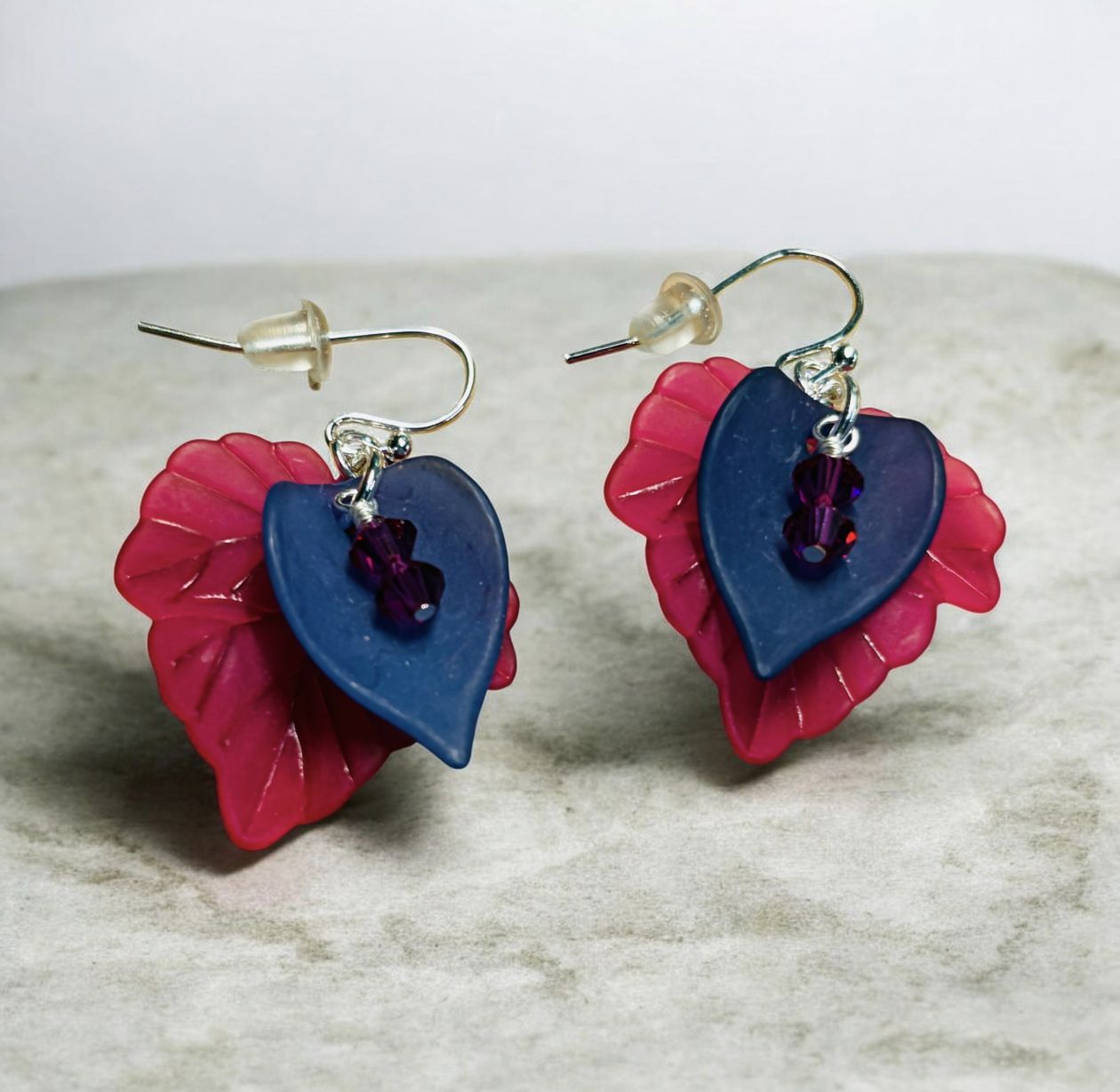 Whitney Earring Pink and Purple Acrylic Leaves with Pink Swarovski Crystals