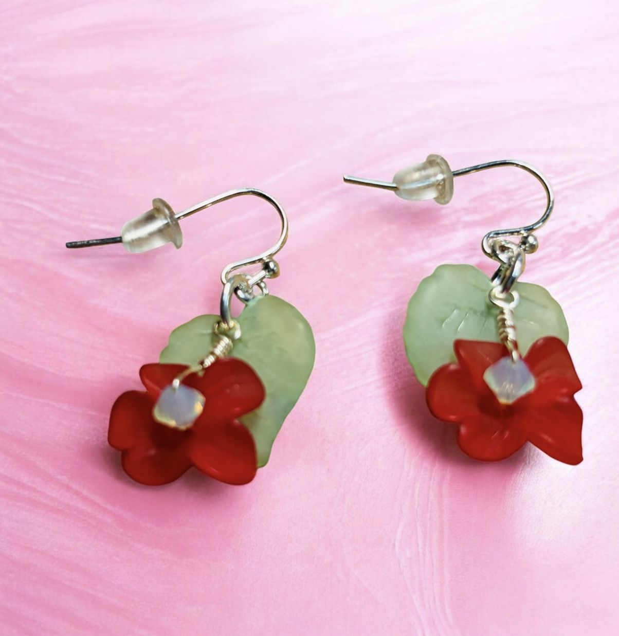 Whitney Earring Acrylic Green Leaf and Red Flower