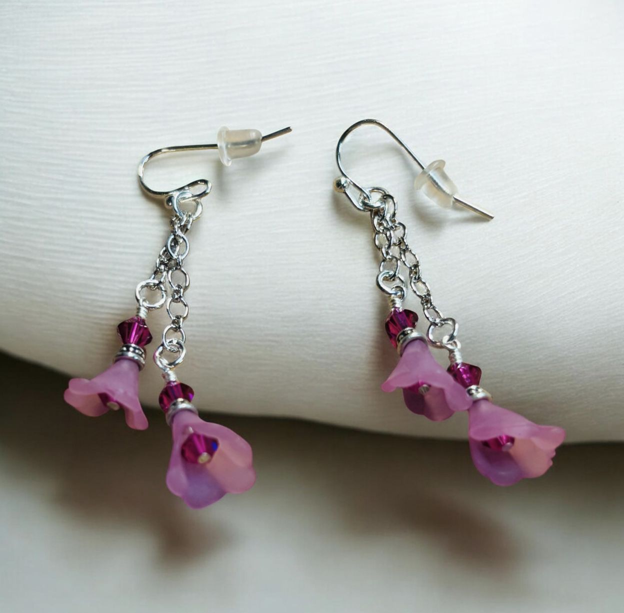Whitney Earring Double Pink Flowers on Silver Chain