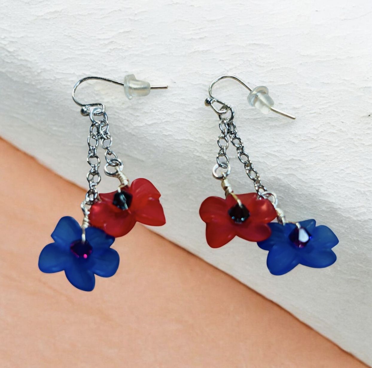 Whitney Earring Pink and Blue Flowers on Silver Chain