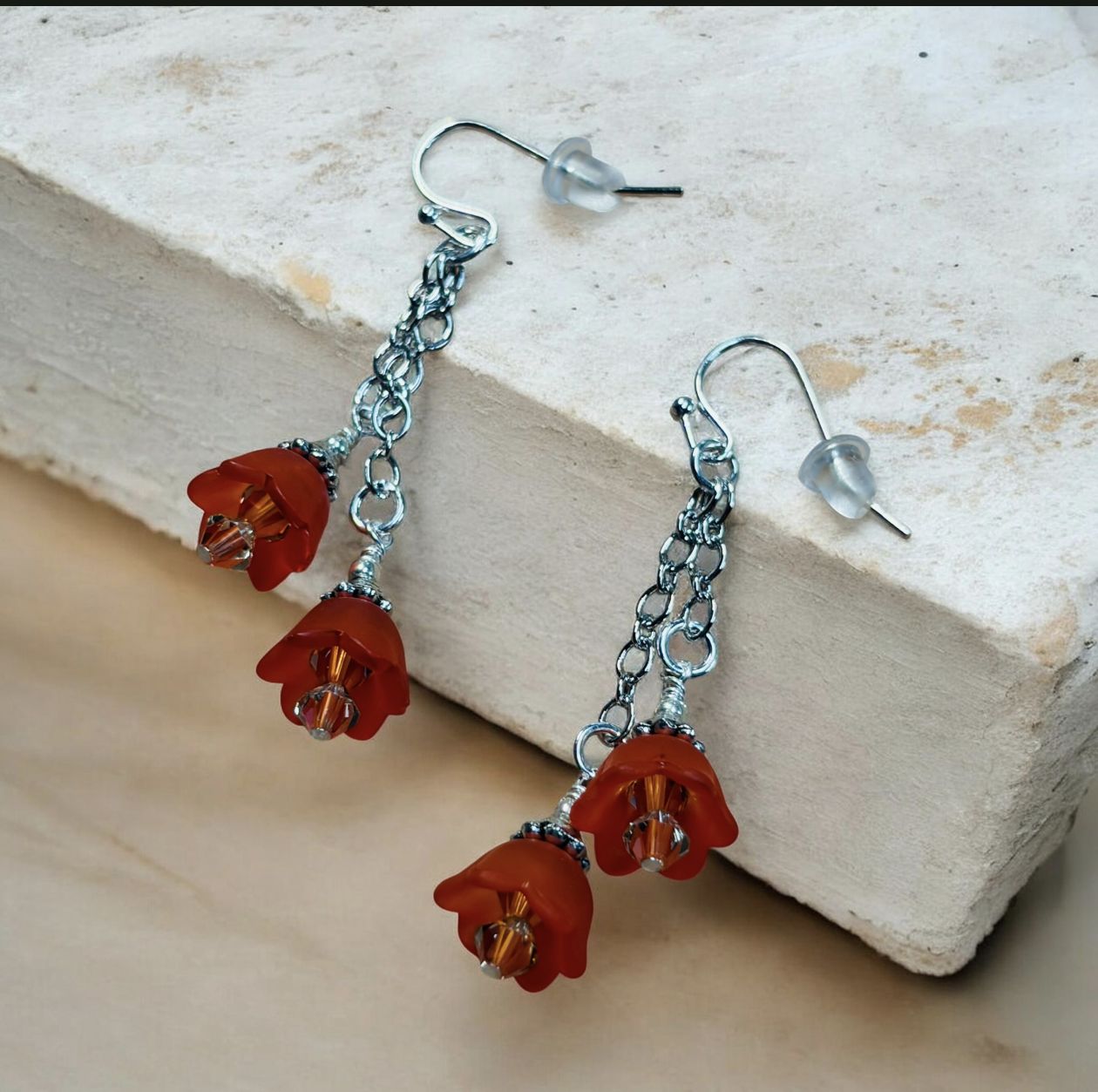 Whitney Earring Double Orange Acrylic Flowers on Silver Chain
