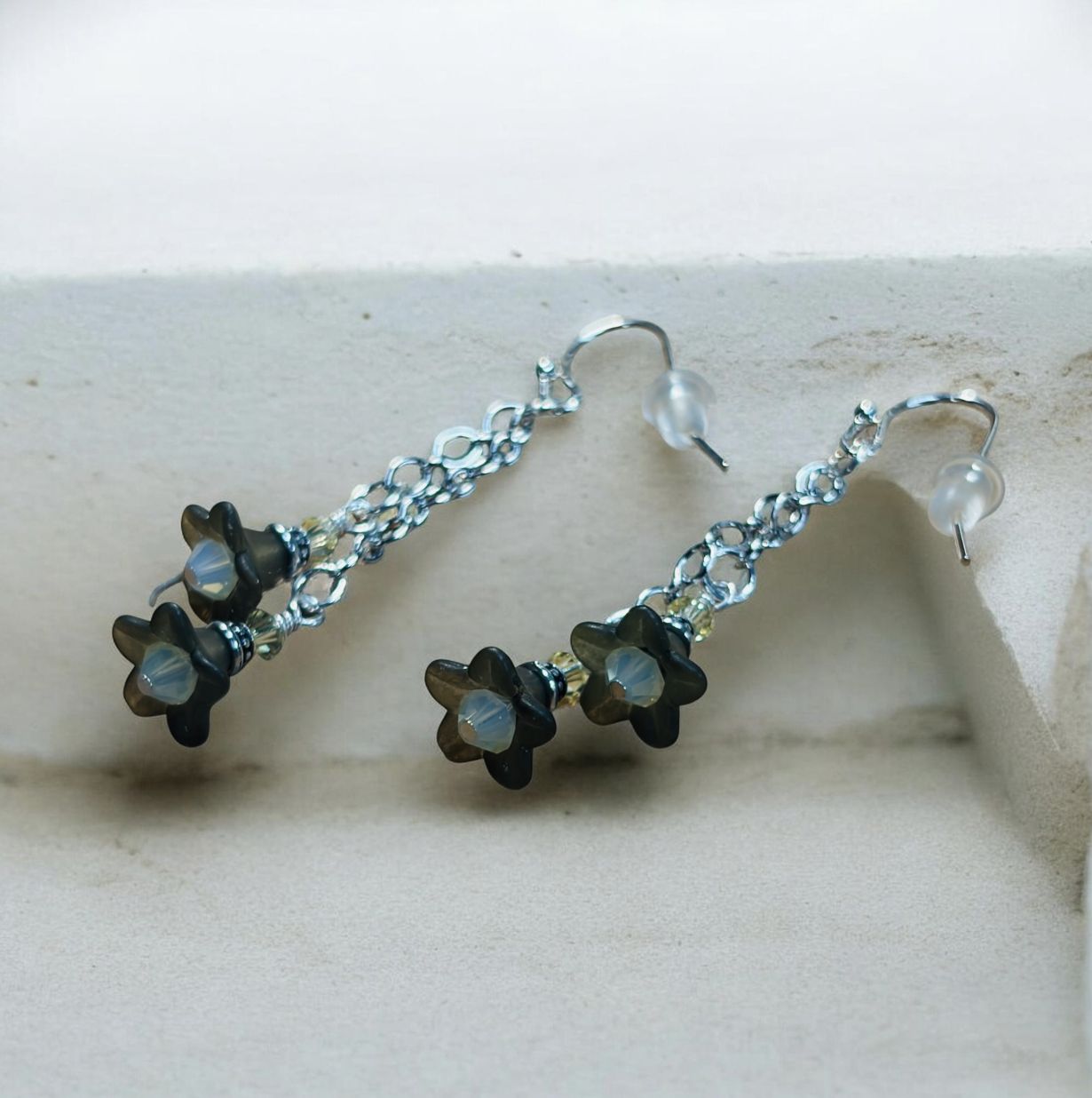 Whitney Earring Double Gray Flowers on Silver Chain