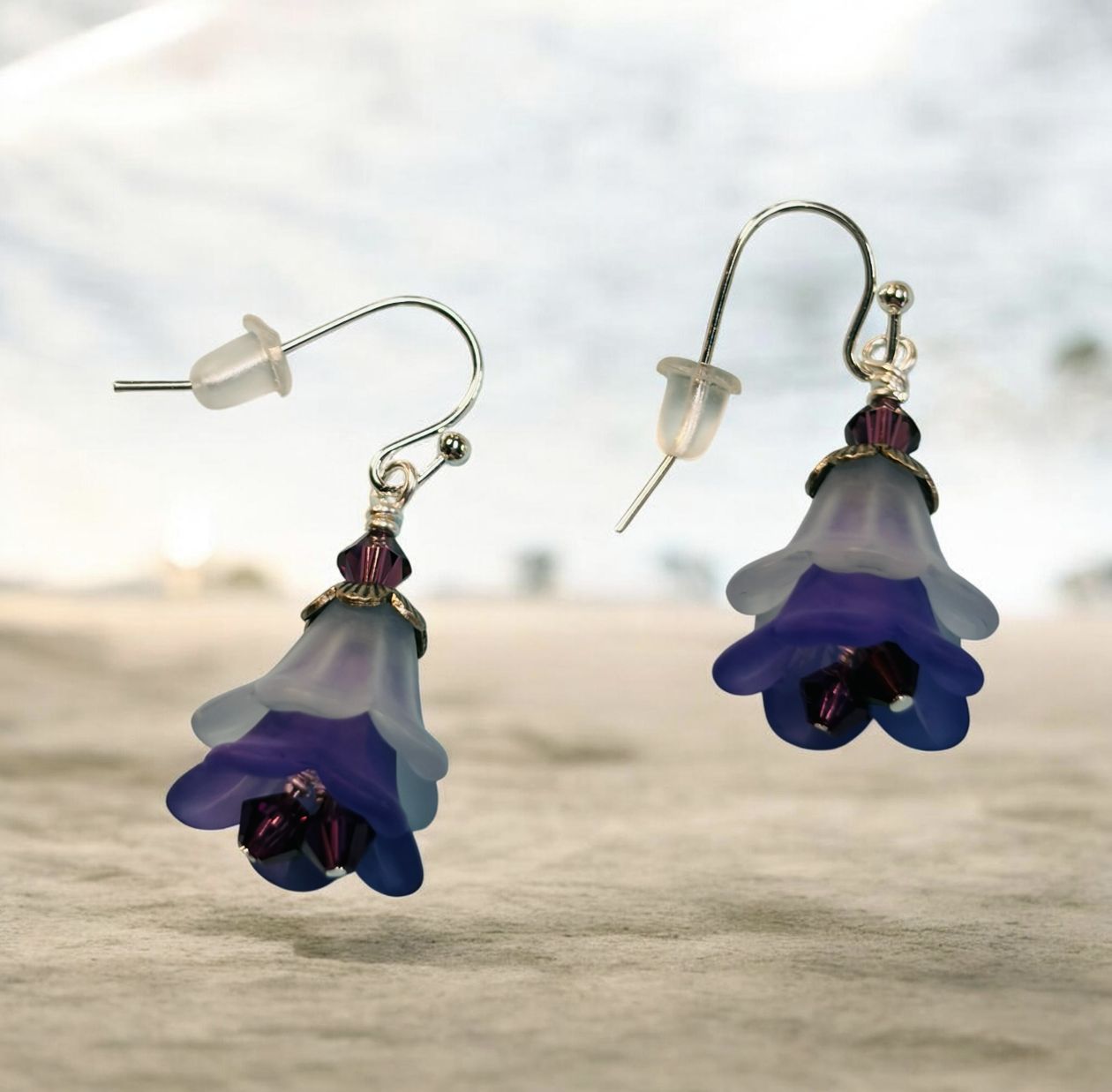 Whitney Earring White and Purple Acrylic Flowers with Purple Swarovski Crystals