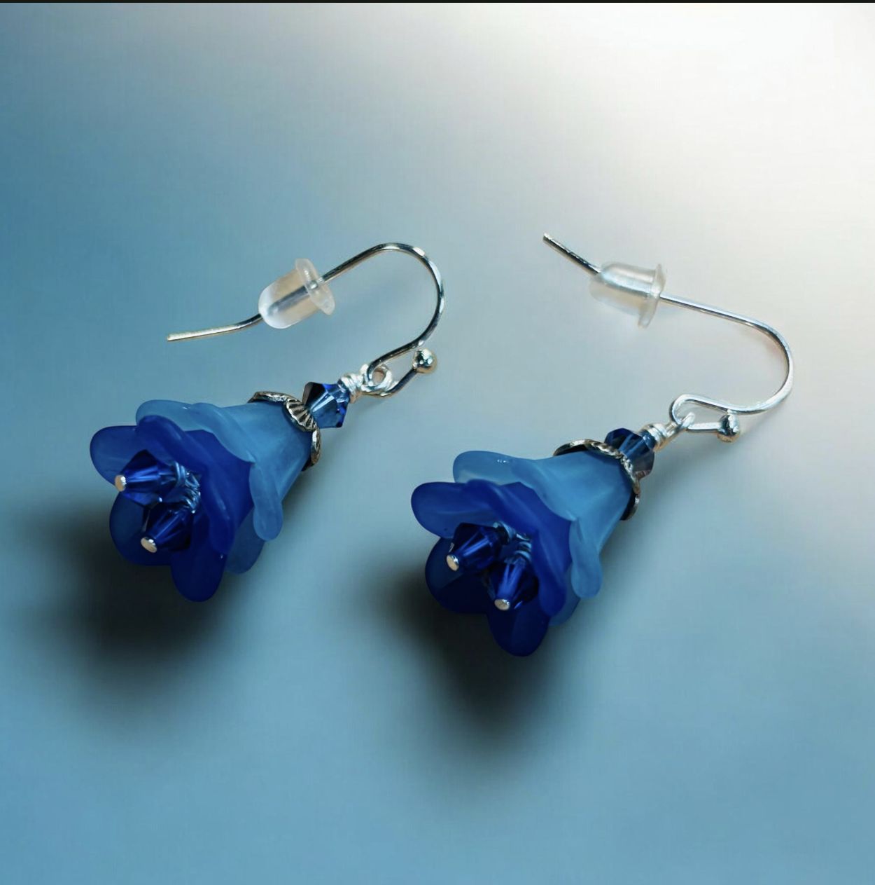 Whitney Earring Bright Blue Double Acrylic Flowers with Blue Swarovski Crystals
