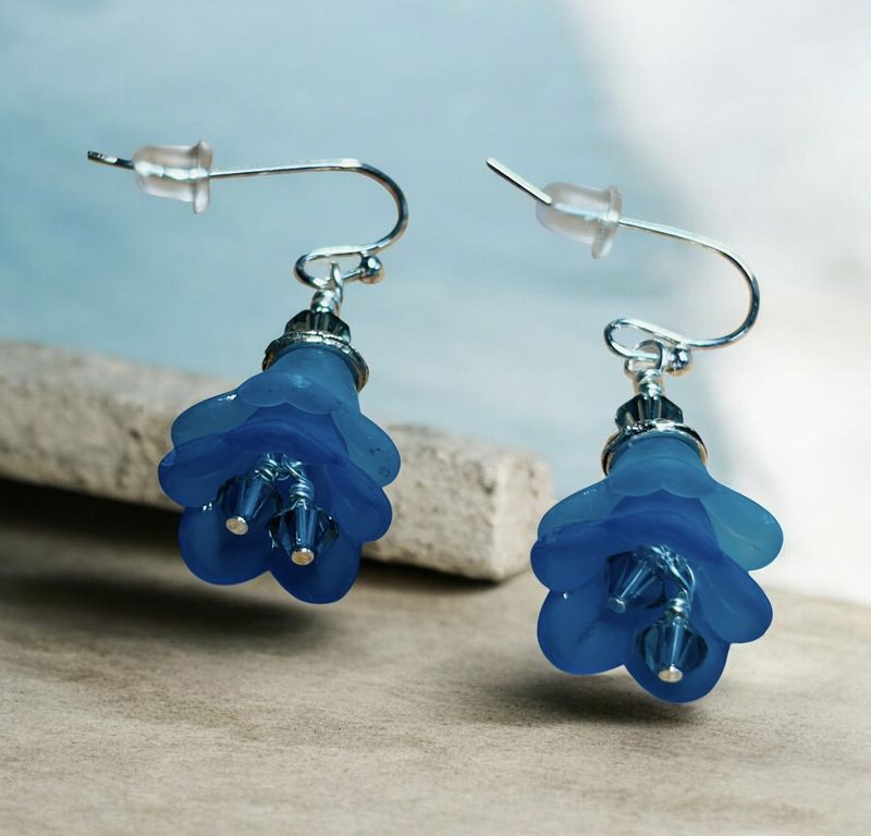 Whitney Earring Double Blue Acrylic Flowers with Blue Swarovski Crystals