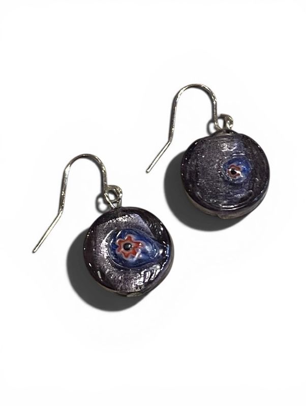 Nadeau Earring Purple Lampwork Glass with Central Floral