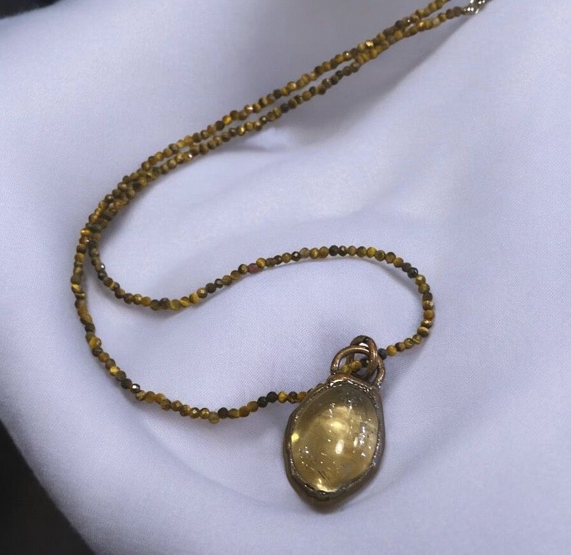 Nadeau Necklace Yellow Quartz Egg on Tiger's Eye Strand