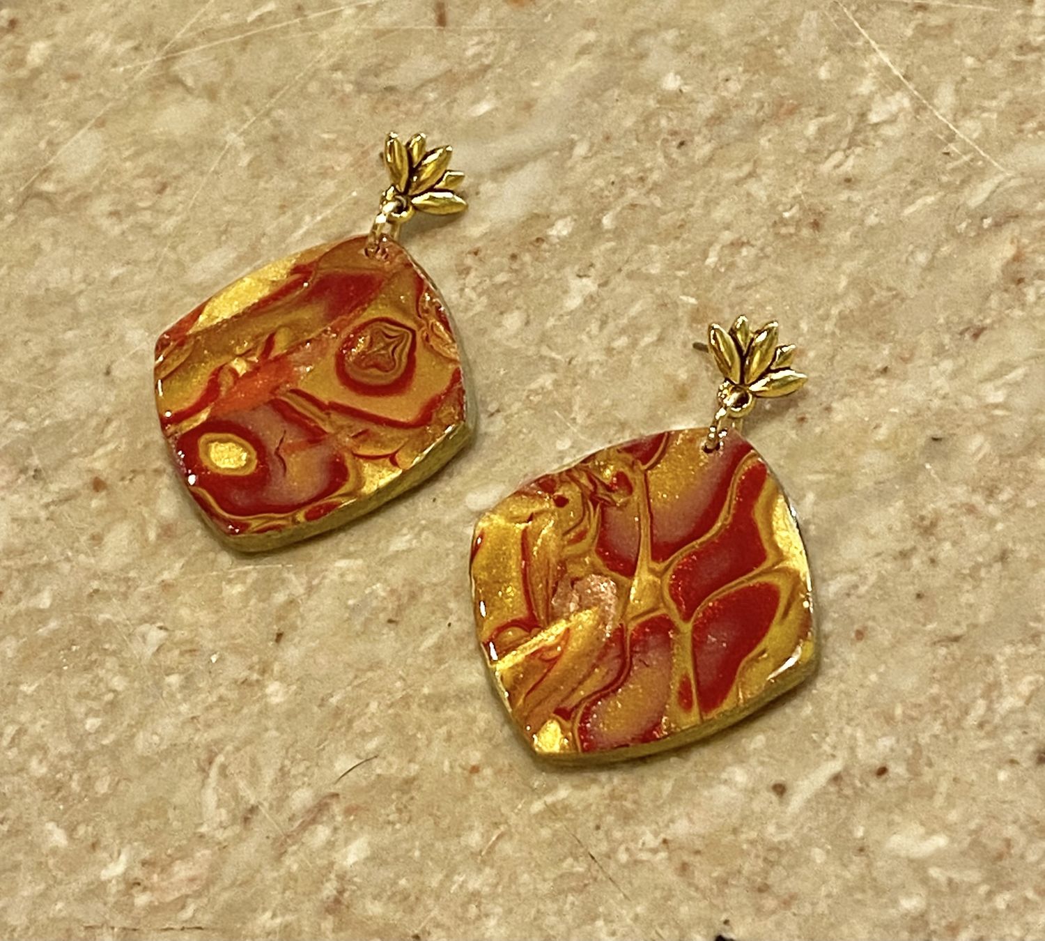 Most Earring Shimmering Yellow/Red Marbled on Gold Lotus Studs