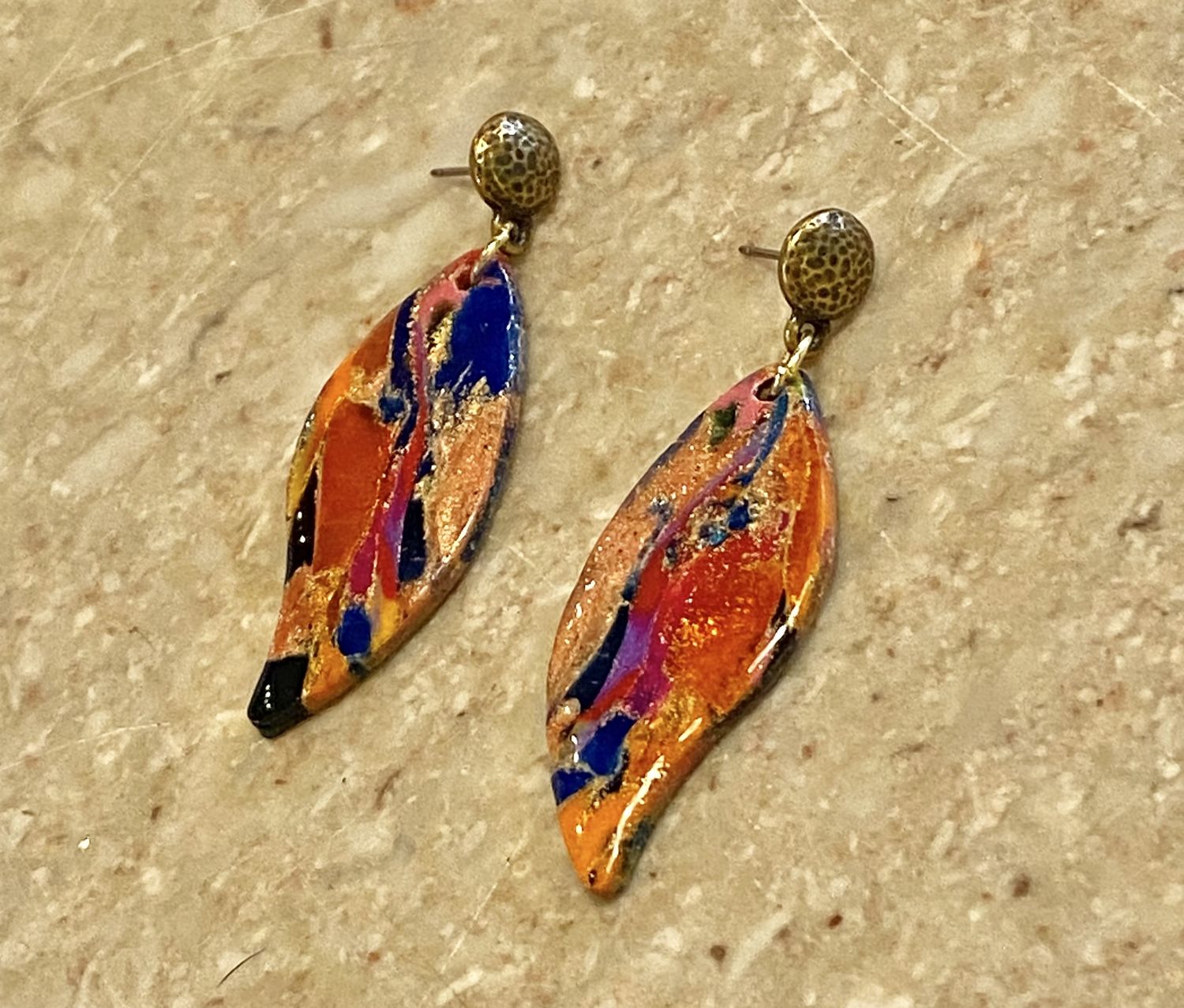 Most Earring Orange Shimmer W/ Blue &amp; Pink on Hammered Brass Stud