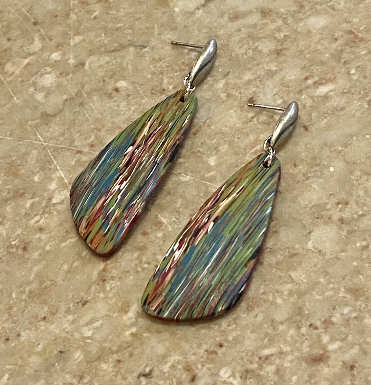 Most Earring Blue, Green, Pink Striations on Silver Oval Studs