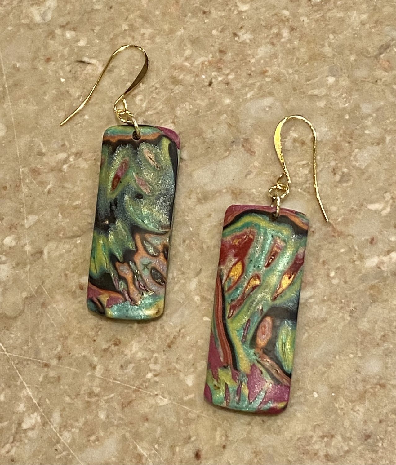Most Earring Green, Pink, Black Marbled Rectangles