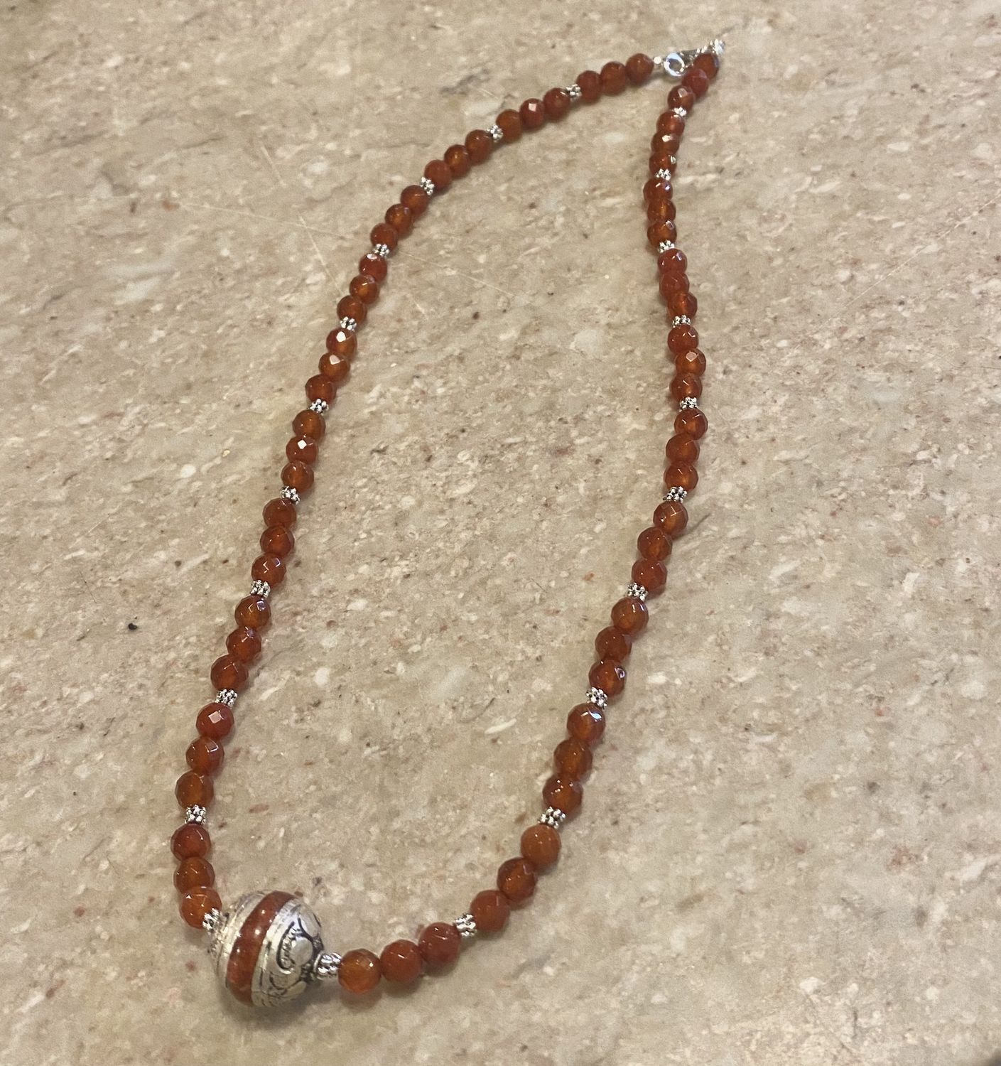 Whitney Necklace Faceted Carnelian Beads w/ Silver Focal