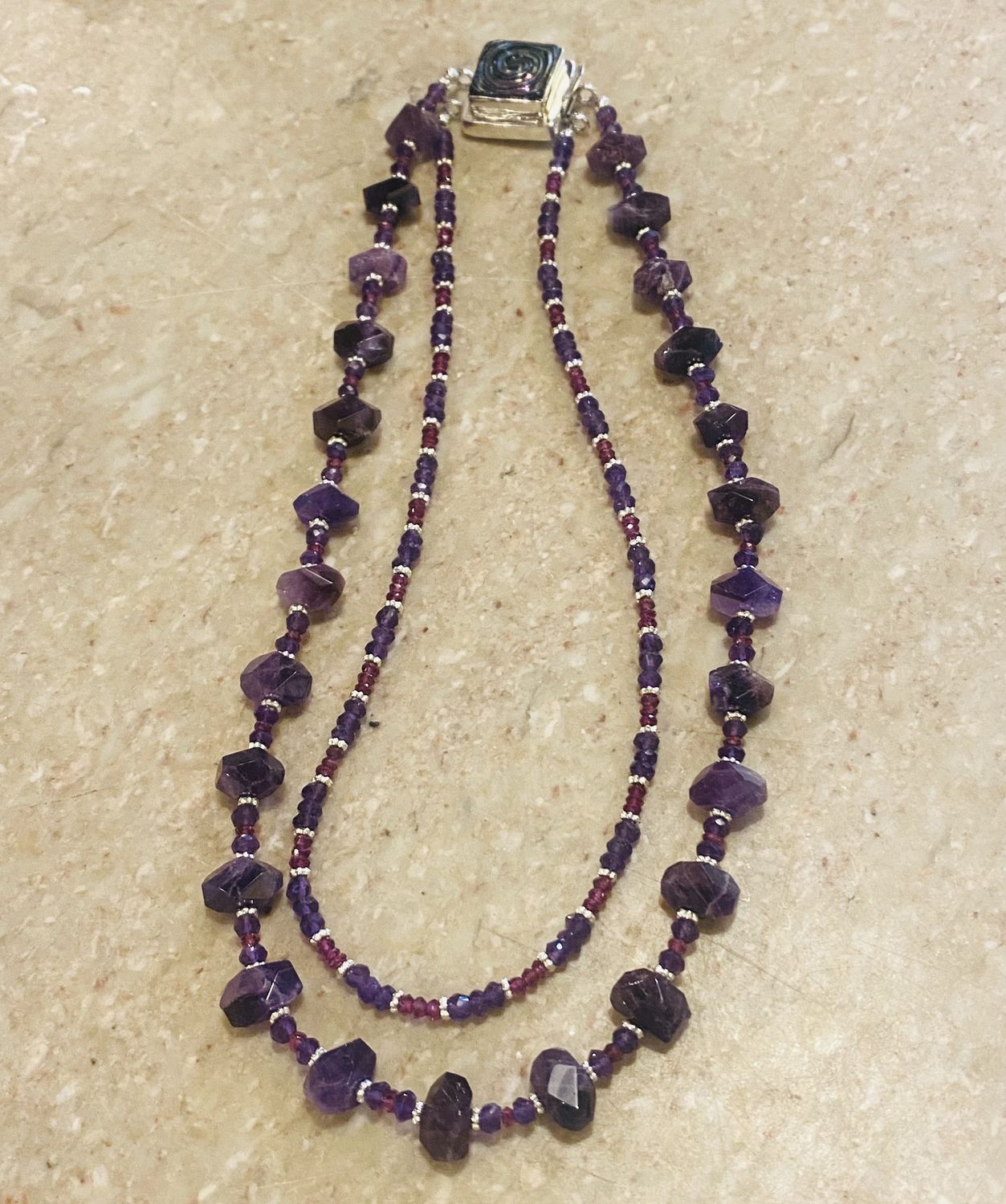 Whitney Necklace Double Stranded Amethyst &amp; Quartz