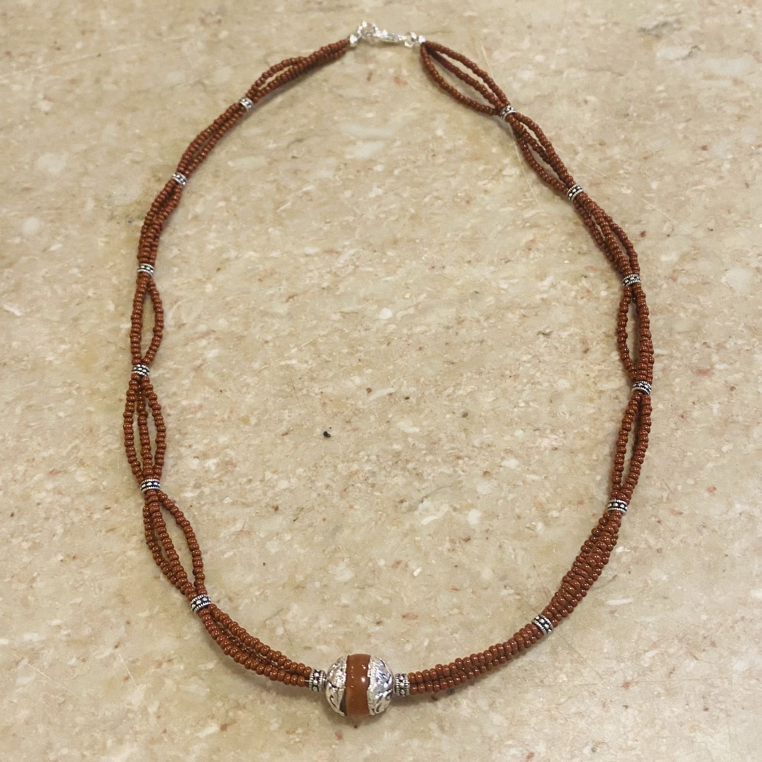 Whitney Necklace Multi-Chain Carnelian Seed Beads w/ Silver Spacers