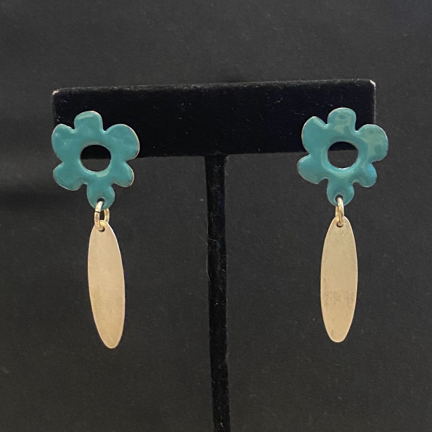 DiCesare Earrings Enameled Teal Daisies w/ Sterling Silver Oval Drops