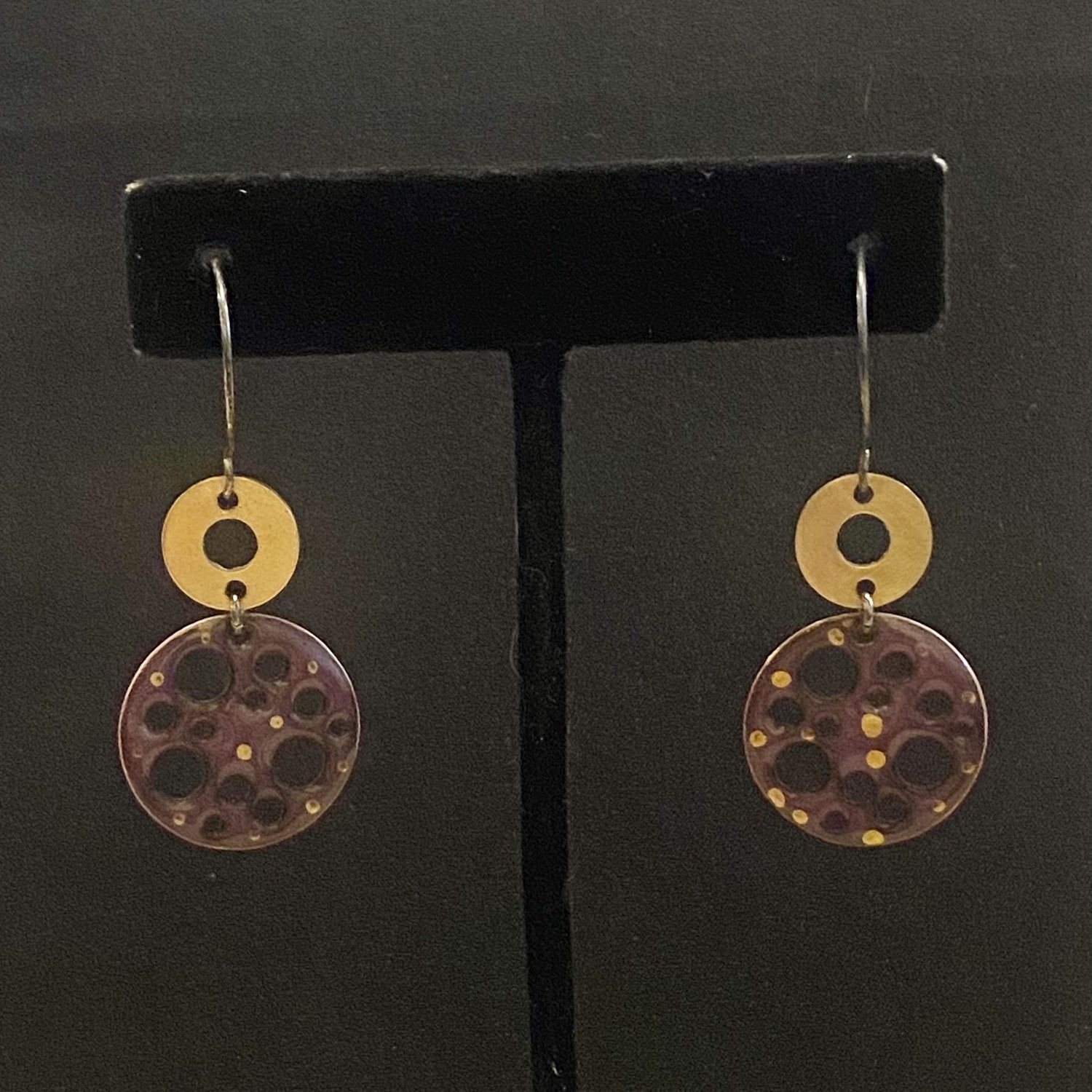 DiCesare Earring Purple Enameled Disc w/ Holes &amp; Golden Polka Dots Topped w/ Brass Discs